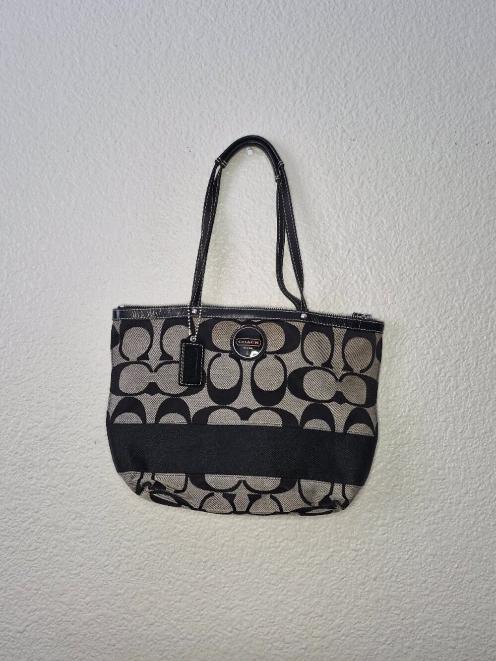 Coach Signature Stripe Tote Bag Purse Black Canvas Patent Leathers F15112